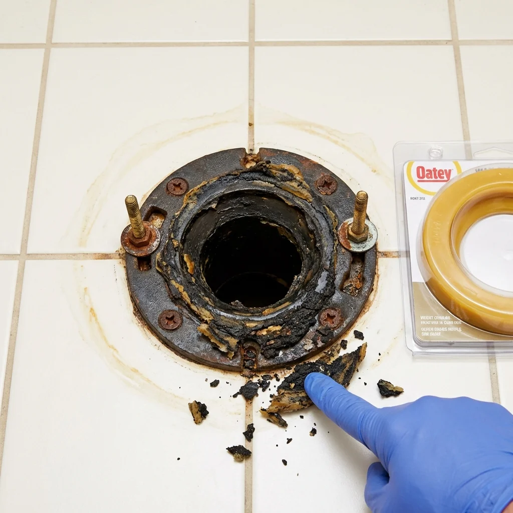 Failed wax ring showing water seepage at the base of a toilet in a Nahunta, GA home