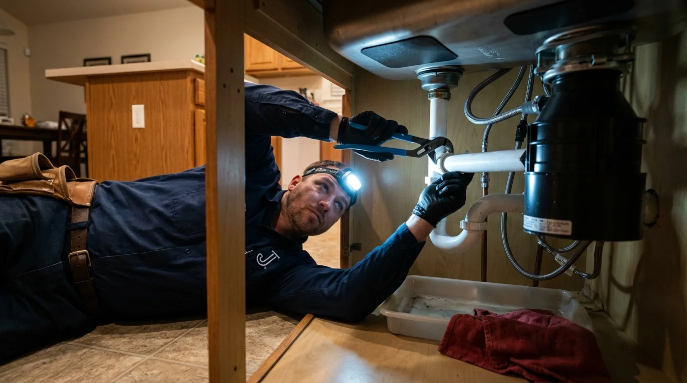 P-trap and supply line connections under a kitchen sink showing a common leak point in Nahunta, GA